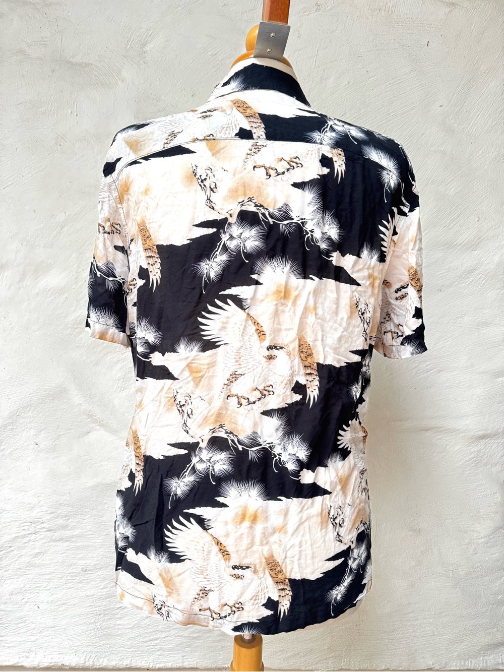 AllSaints Japanese Style Black Cream & Tan Short-Sleeve Graphic Camp Shirt - Picture 3 of 6